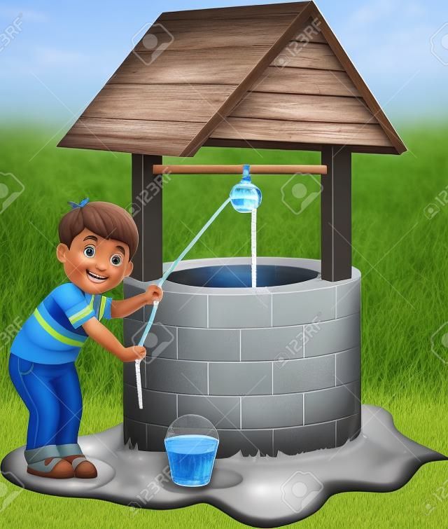 Junge nimmt Wasser in den Brunnen