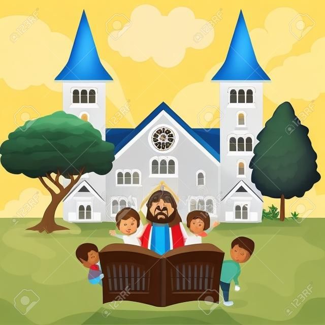 Cartoon Jesus with children in a church
