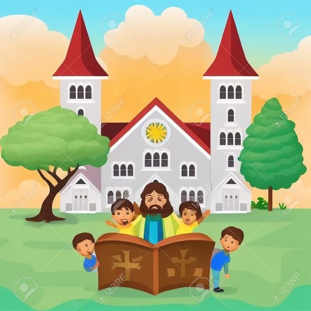 Cartoon Jesus com crianças em uma igreja