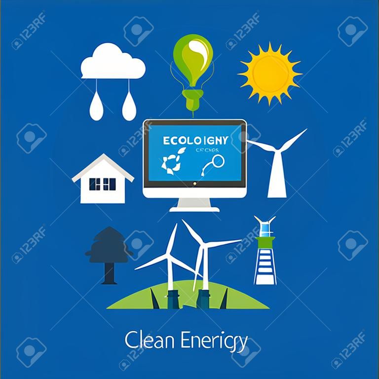 Piatto disegno vettoriale concetto illustrazione con le icone di ecologia, ambiente e energia eco friendly. Concetto di esecuzione di una casa pulita e energia verde
