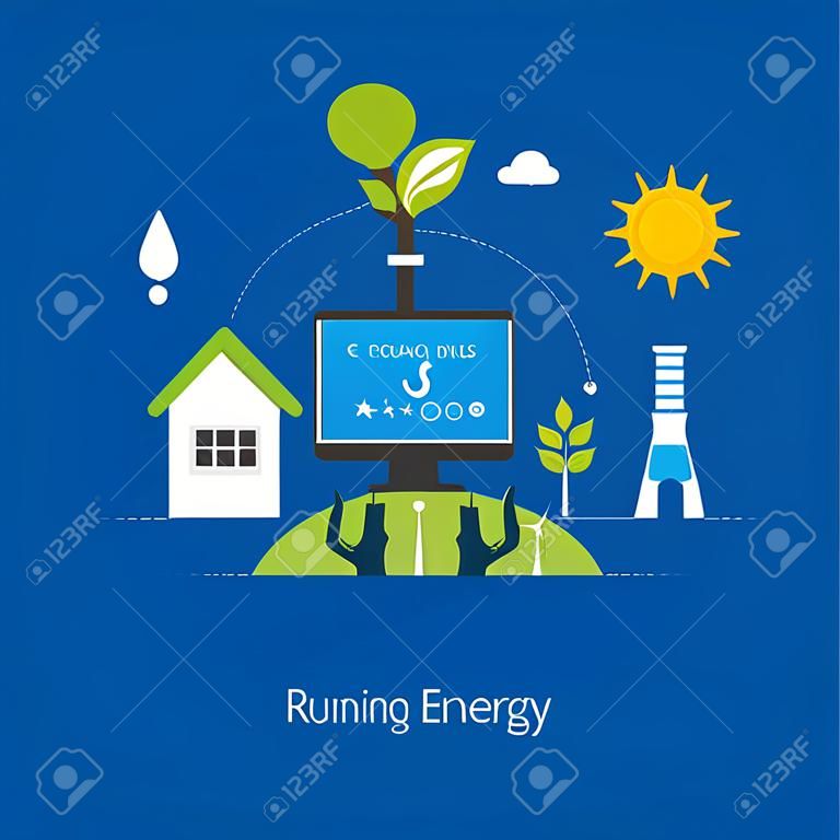 フラットなデザインの生態・環境・ エコの優しいエネルギーのアイコン ベクトル概念のイラスト。きれいな家と緑のエネルギーを実行するという概念