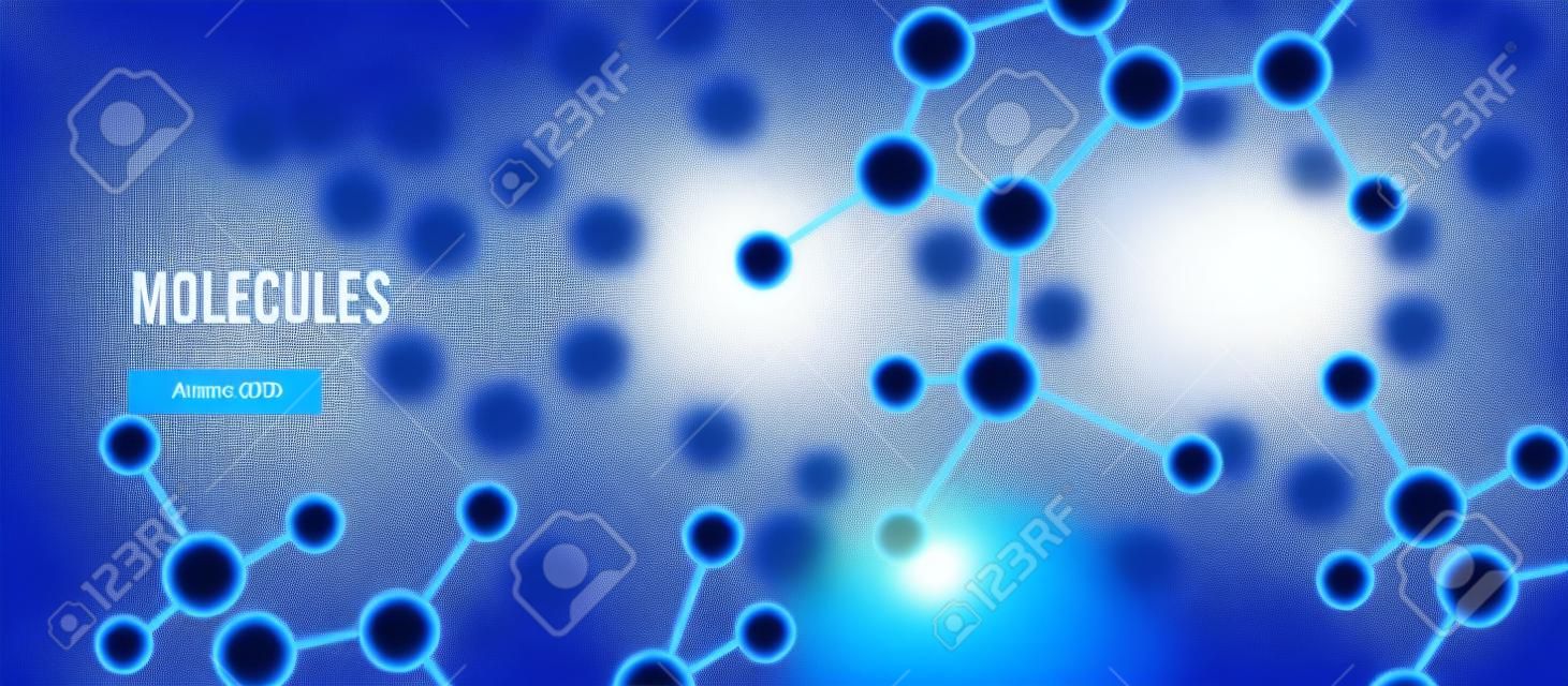 파란색 배경 위에 3 차원 원자 구조 분자 모델 격자입니다. 블루 분자 디자인 배너입니다. 원자. 배너 또는 전단 의료 배경입니다.