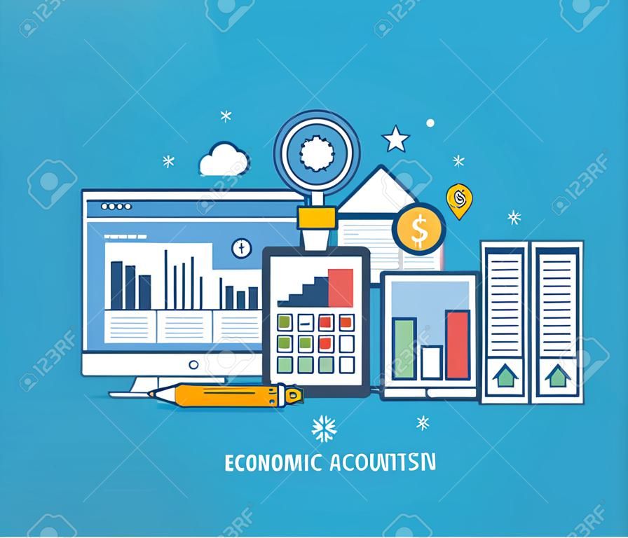 Concept of illustration - reporting, monitoring, planning, types and methods of economic accounting, statistics, analysis and management. Vector design for website, printed materials and mobile app.