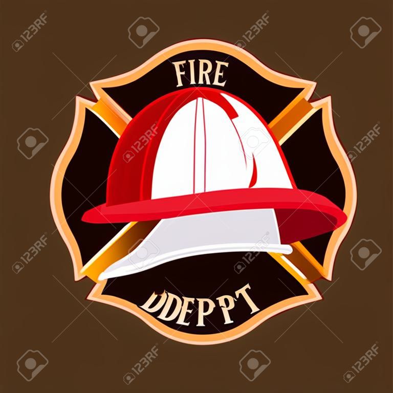 Casco antincendio rosso in plastica, lotta contro il fuoco. Icona con il logo del reparto antincendio.