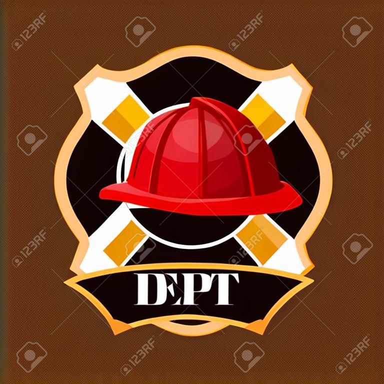 Casco antincendio rosso in plastica, lotta contro il fuoco. Icona con il logo del reparto antincendio.