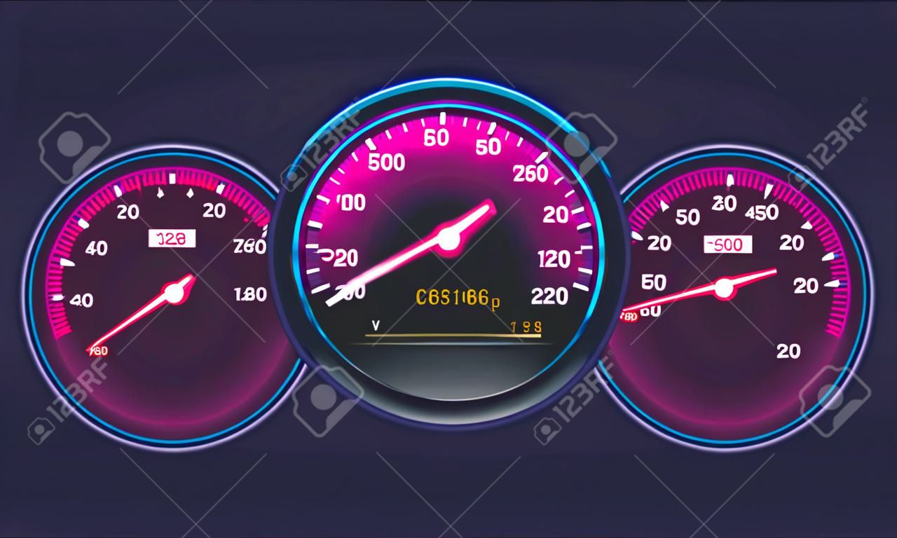 Form of instrument dashboard, with vehicle tachometer, car speedometer, scale of level gasoline, chrome-plated neon board. Measuring speed, technological sensor panel with arrows. Vector illustration.