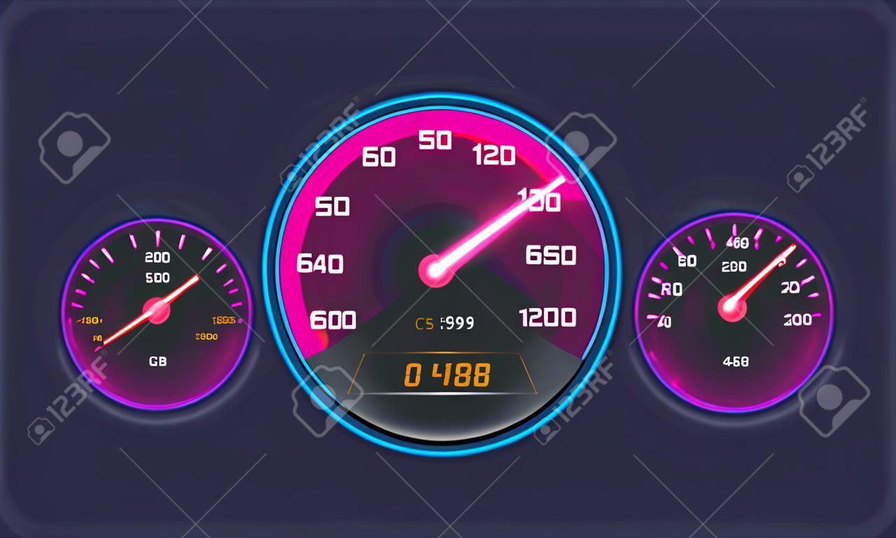 Form of instrument dashboard, with vehicle tachometer, car speedometer, scale of level gasoline, chrome-plated neon board. Measuring speed, technological sensor panel with arrows. Vector illustration.