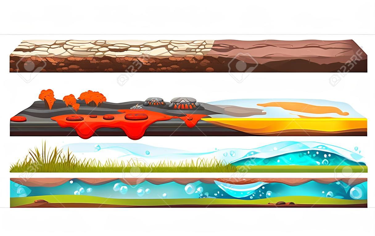 Gaming environment: landscape, surroundings. Ground, soil, water surface, for UI games. 2D gaming platform. Soil, sandy ground lava lawn surface water snow Vector illustration