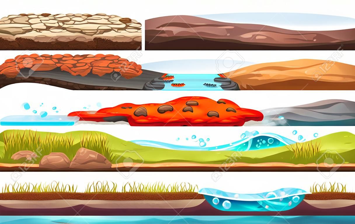 Gaming environment: landscape, surroundings. Ground, soil, water surface, for UI games. 2D gaming platform. Soil, sandy ground lava lawn surface water snow Vector illustration