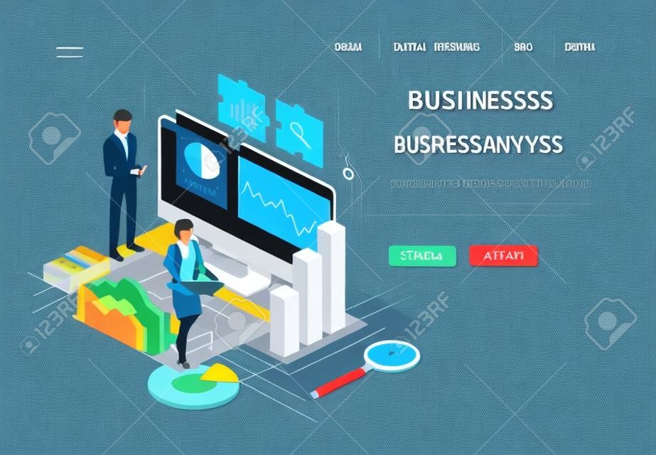 Business analysis. Data analytics of graphs and charts, marketing research, financial business planning, study of performance indicators, social media analysis, report chart diagram. Isometric vector.