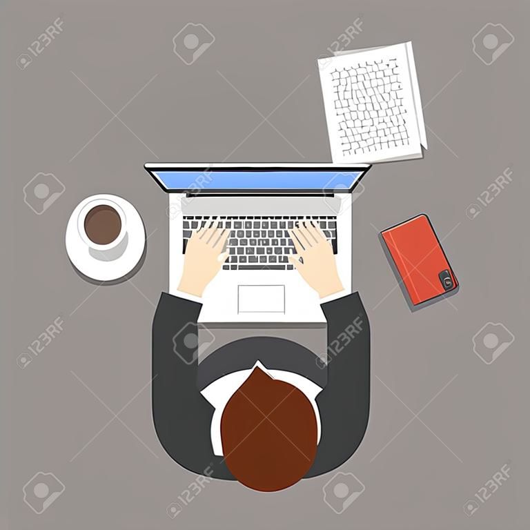 Flat style office worker business management on the table in top view vector illustration