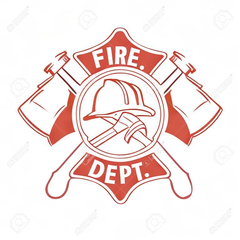 Fire Dept. Label. Helmet with Crossed Axes. Vector Illustration