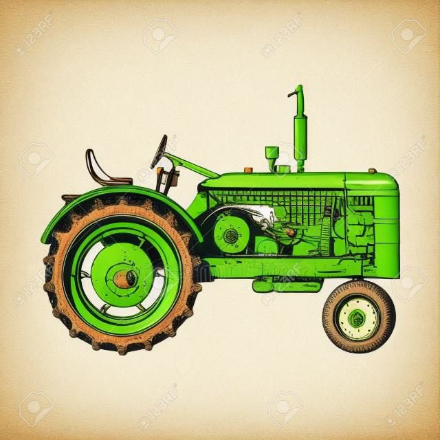 Vintage agricultural tractor, sketch. Hand drawn Vector illustration