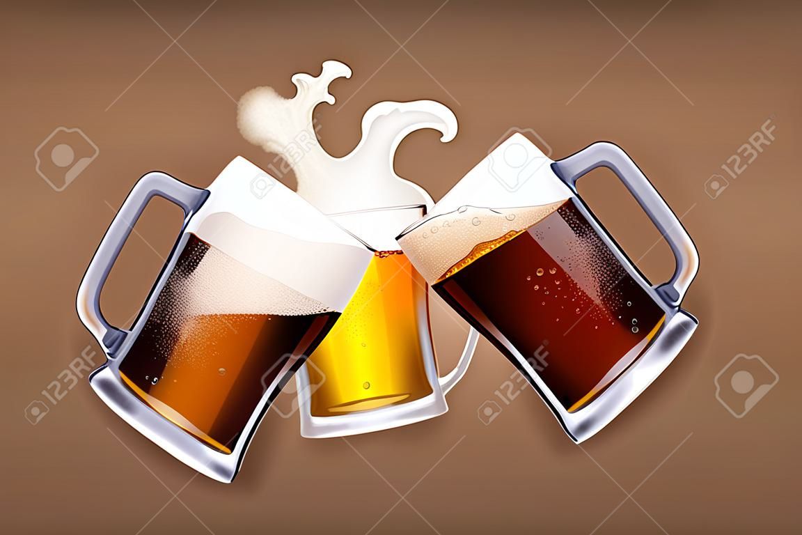 Ilustración de dos vasos de cerveza blanca y oscura choca entre sí