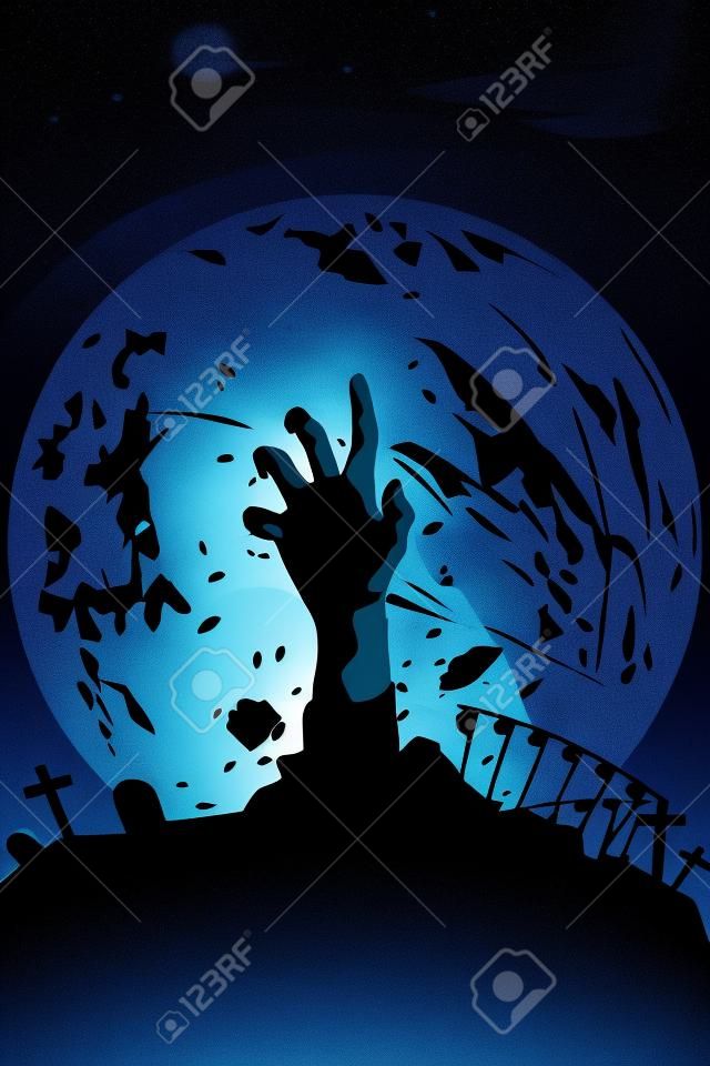 illustration of silhouette zombie hand at the moon