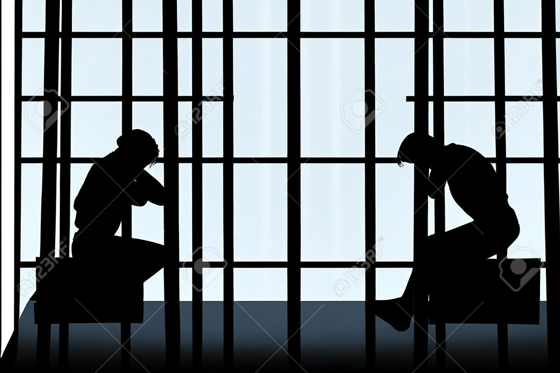 Ilustración de dos siluetas sentado en la cárcel