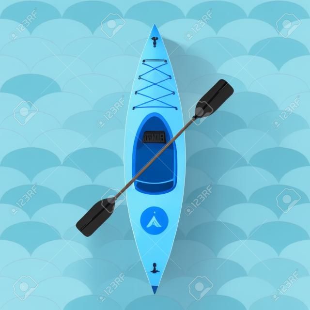 Illustration des Kajaks mit Paddel auf blauem Hintergrund mit Wellen