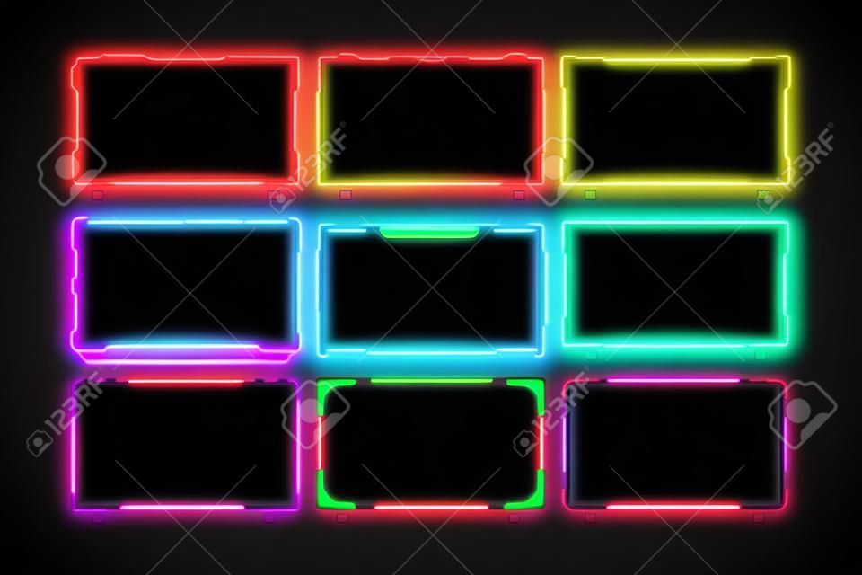 Live broadcast screen panel bundle design with colorful lines and neon effects. Futuristic streaming screen frame set vector with a dark screen. Online gaming overlay design collection for gamers.