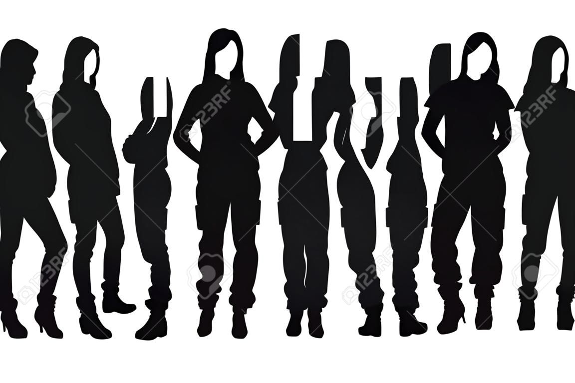 Weibliche Mechanikerin steht in verschiedenen Posen, Silhouetten-Set-Vektor. anonyme Arbeiterinnen ohne Gesichter, die in verschiedenen Positionen stehen. Moderner Mechaniker mit einheitlichem Silhouetten-Bundle-Design.