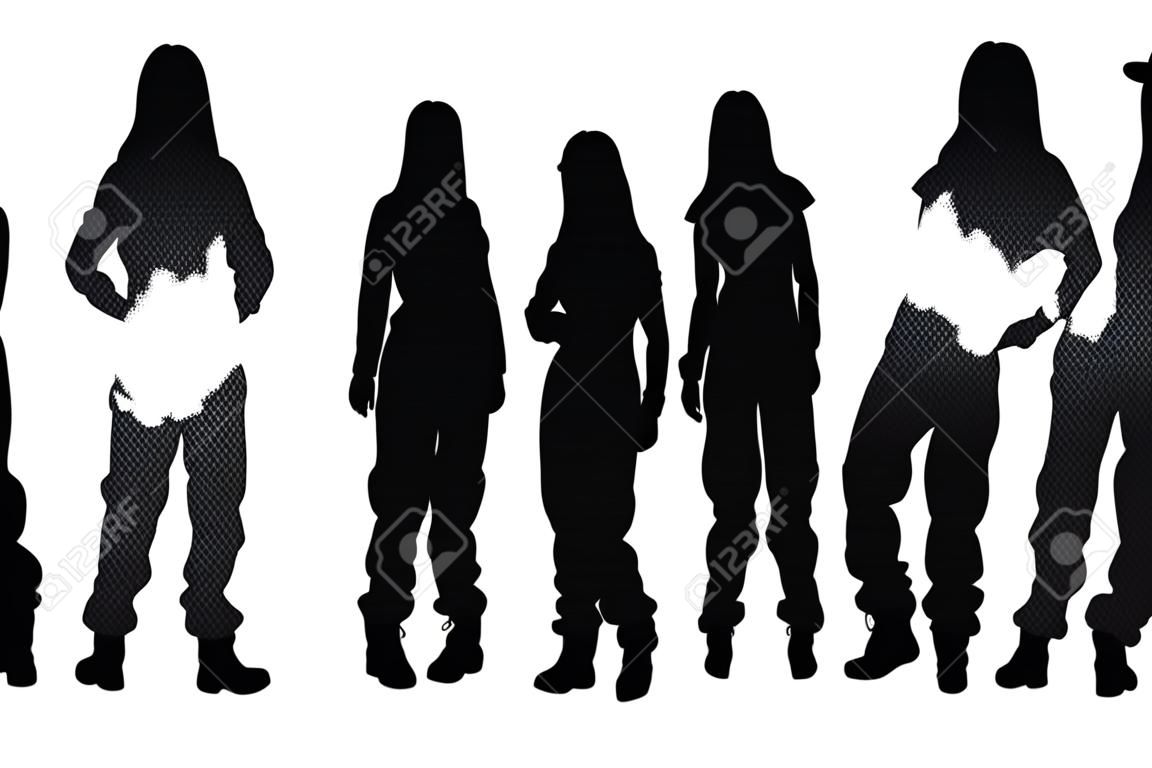 Female mechanic standing in different poses silhouette set vector. Anonymous female workers without faces standing in different positions. Modern mechanic wearing uniform silhouette bundle design.