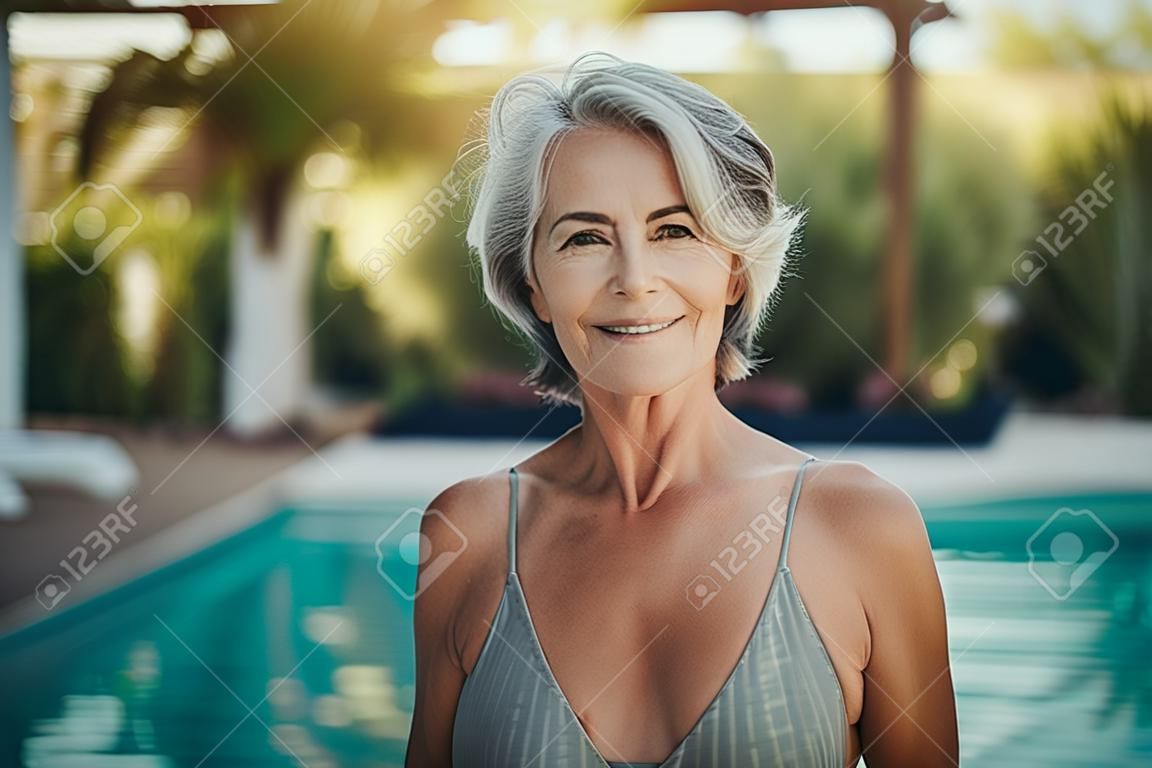 Portrait of smiling senior woman in swimsuit standing near swimming pool