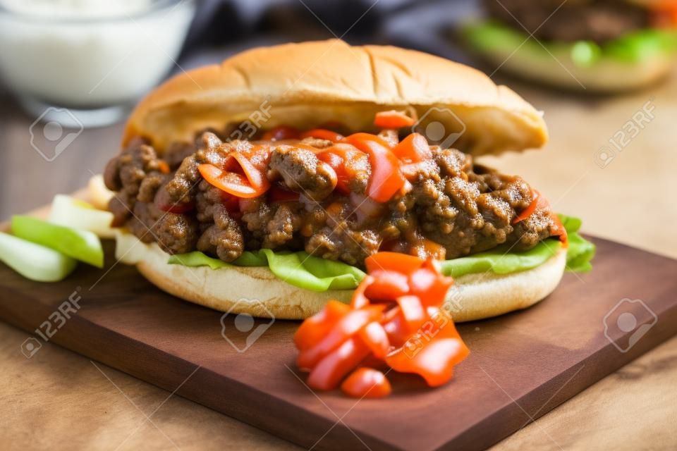 Sloppy Joe's, Hackfleisch-Burger-Sandwich serviert auf Holzbrett