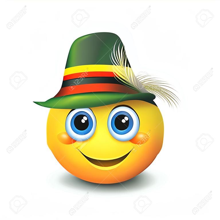 Ładny emotikon w tradycyjnym niemieckim kapeluszu - emoji, buźka - ilustracja wektorowa