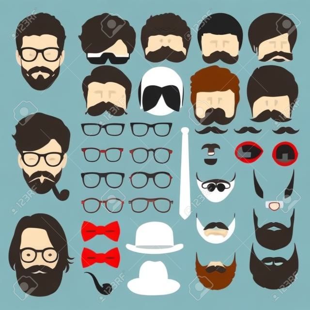 異なるヒップ スタイル髪型、メガネ、あごひげ、口ひげ、ボウタイ、帽子コレクション。男顔アバター クリエーター。あなた自身のヒップスターのソーシャル メディアや web サイトのアイコンを作成します。