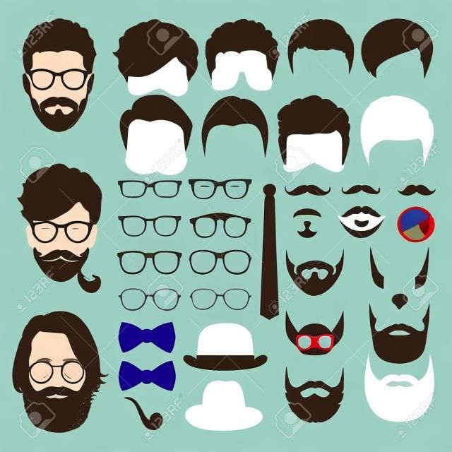 不同風格的時髦髮型，眼鏡，鬍鬚，鬍子，領結和帽子集合。男兒志在四方頭像的創造者。創建自己的時髦圖標社交媒體或網站