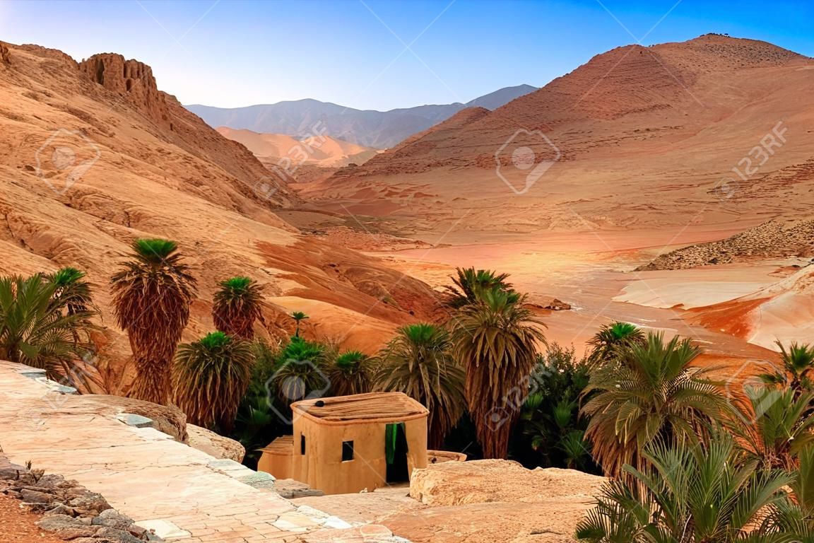 Oasis de montaña Chebika en la frontera del Sahara, Túnez, África