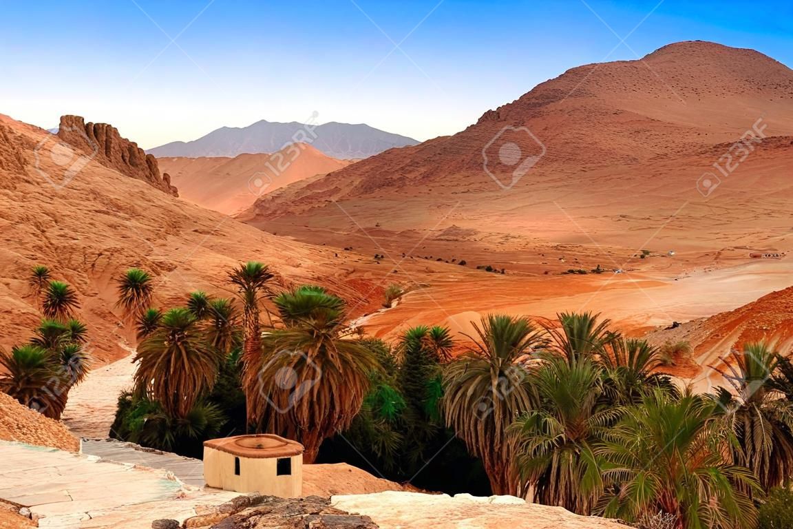 Oasis de montaña Chebika en la frontera del Sahara, Túnez, África
