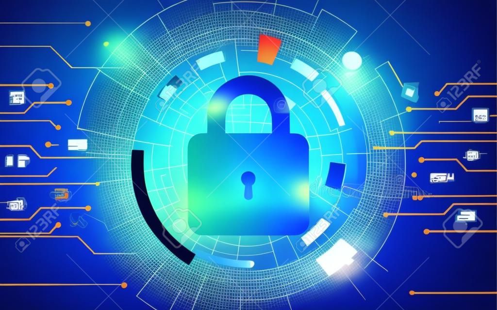 インターネットセキュリティ。ファイアウォールまたはその他のソフトウェアまたはネットワークセキュリティ。サイバーデータ防御または情報保護の概念。青い抽象技術の背景。ベクトルの図