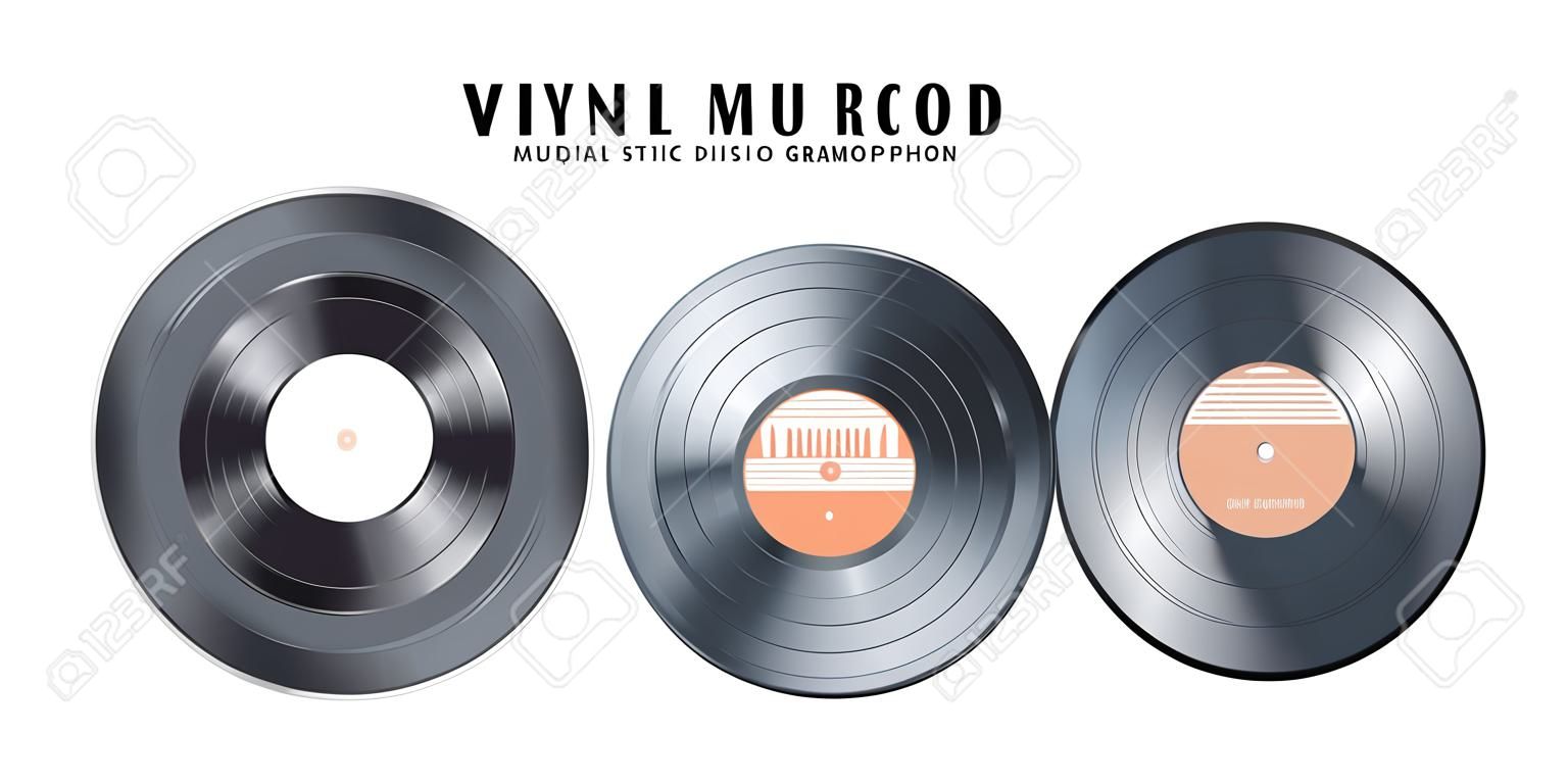 Conjunto de discos de música de vinil. Disco de áudio retro. Disco de gramofone vintage realista com maquete de capa. Ilustração vetorial
