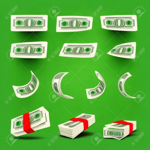 Realistic money set. Collection of 3D green dollars isolated on white background. Twisted paper bills and stack of currency banknotes. Business and finance object for banner design. Vector