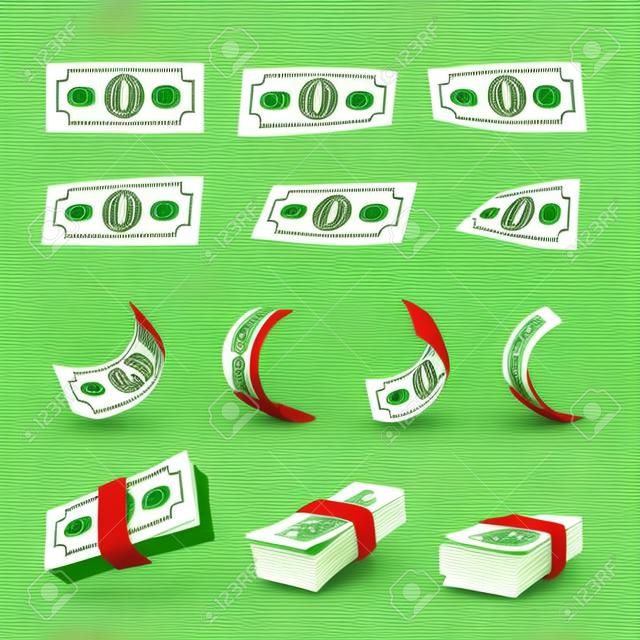 Realistyczny zestaw pieniędzy. kolekcja 3d zielonych dolarów na białym tle. skręcone rachunki papierowe i stos banknotów walutowych. obiekt biznesowy i finansowy do projektowania banerów. wektor
