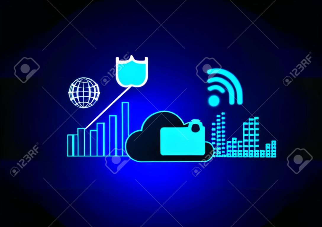 Concepto de almacenamiento de datos en la nube. Cloud computing, wifi, dinero, datos y seguridad de bloqueo Comunicación de negocios y financiera.