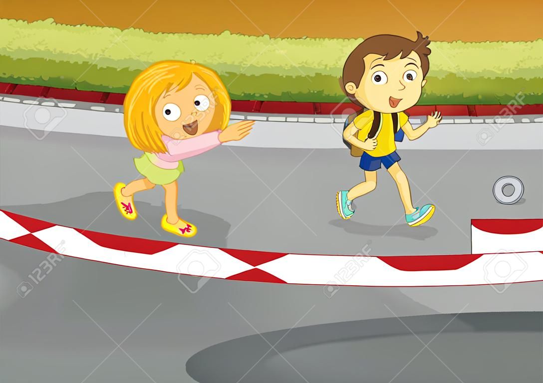 Ilustração, mostrando, crianças, em, perigo, estrada