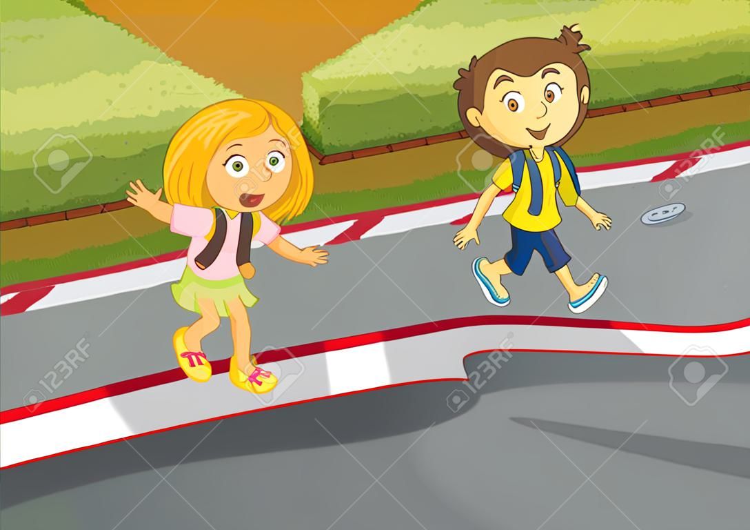 Illustration showing children in danger on the road