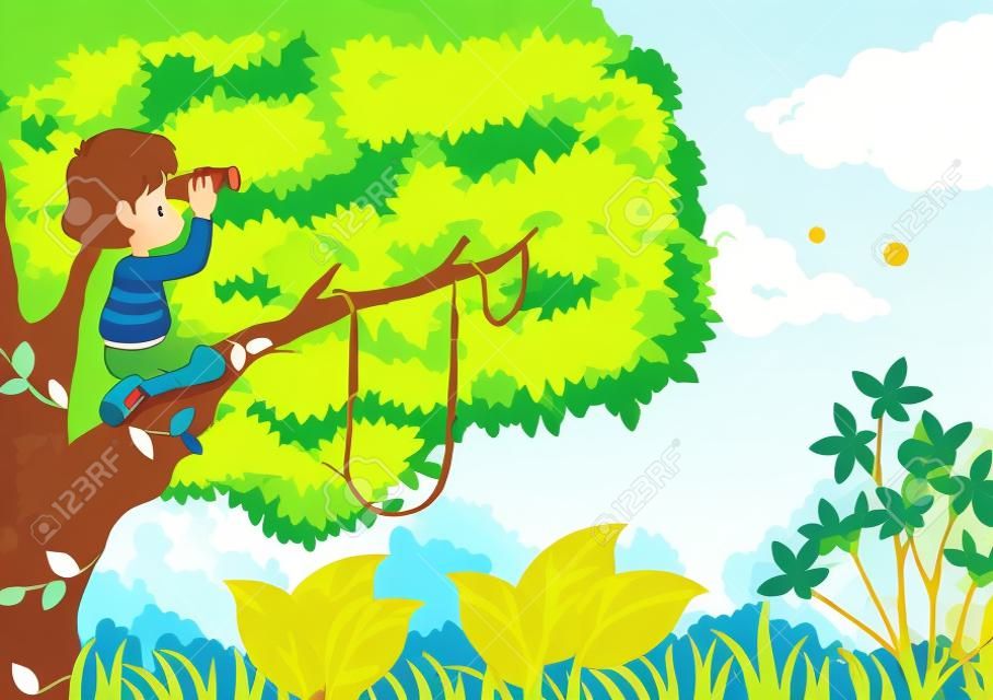 Ilustración de un niño en un árbol