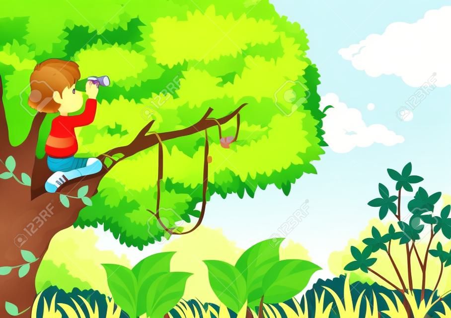 Ilustración de un niño en un árbol