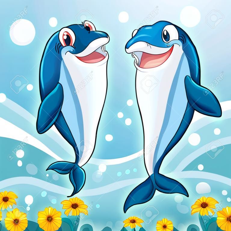 Ilustracja dwóch wielorybów ryb tańczących w wodzie