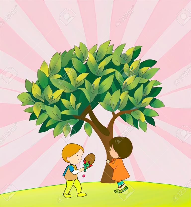 ilustración de los niños jugando bajo el árbol en la naturaleza