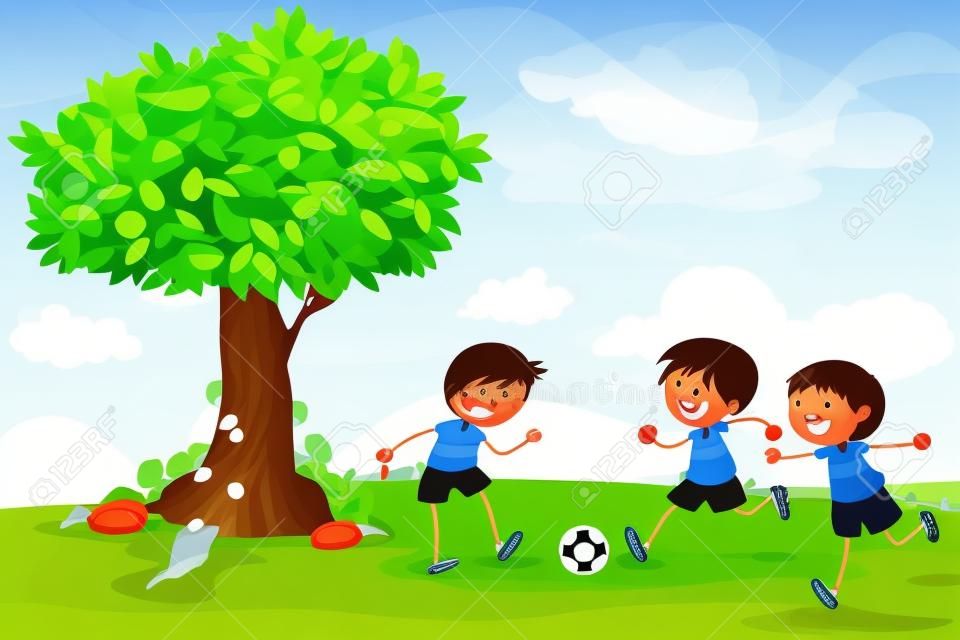 ilustración de niños jugando fútbol en una naturaleza