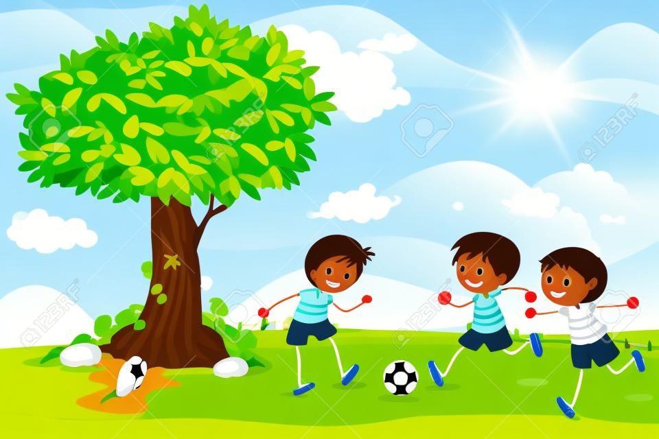 ilustración de niños jugando fútbol en una naturaleza