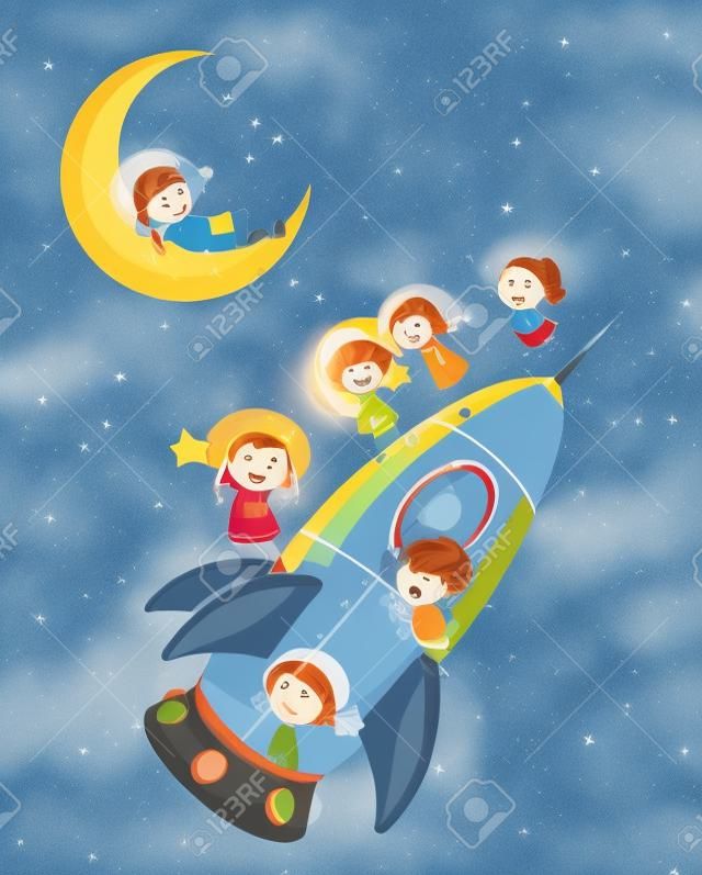 ilustracja dzieci na rakiety w niebo
