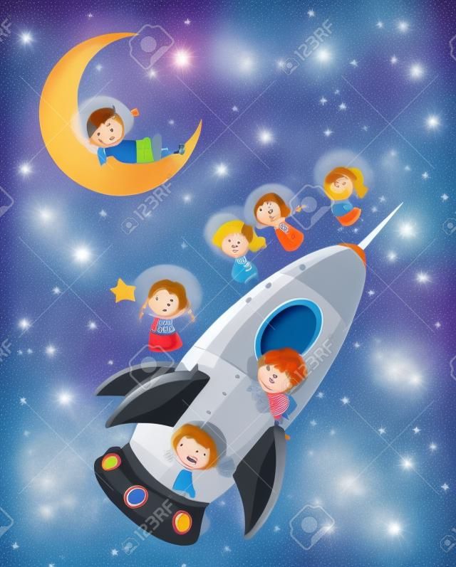 Illustration eines Kinder auf einer Rakete in den Himmel
