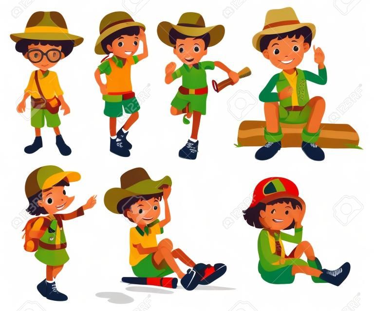 Illustration of boys and girls in safari costume on a white background