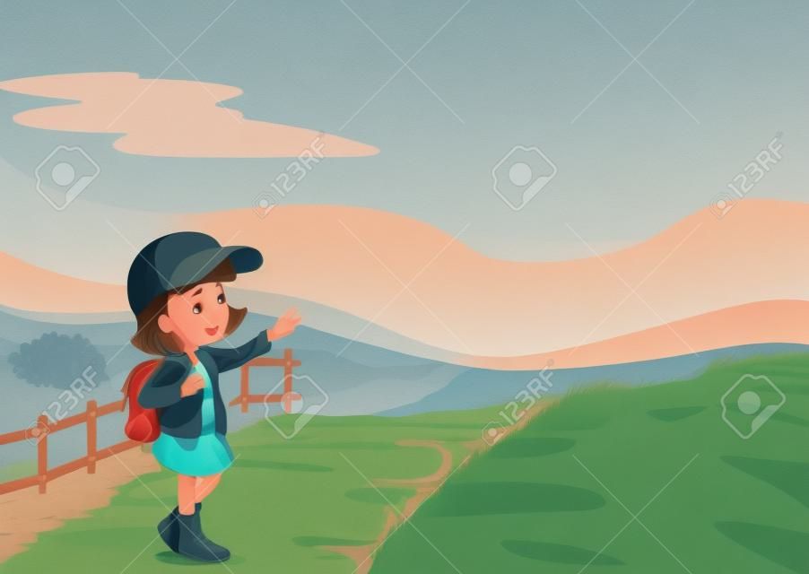 Illustration of a girl on a road in a beautiful nature