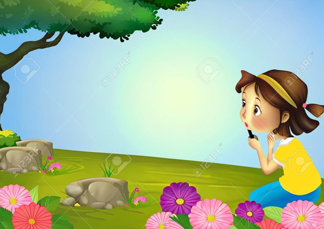 Illustration d'une fille et d'une loupe dans une belle nature