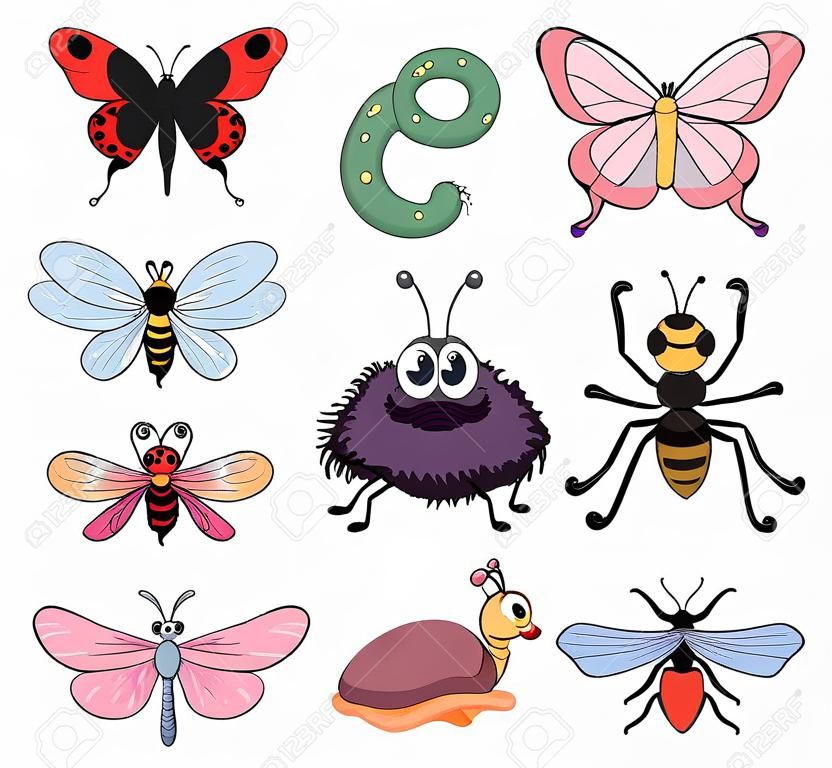 Ilustración de diversos insectos y animales sobre un fondo blanco